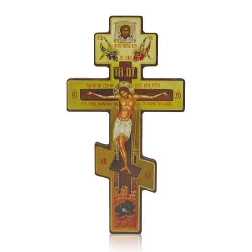 FORYNXHWIN Russisch-orthodoxes Wandkreuz - Byzantinisches Kruzifix mit drei Stangen, Wand-Kruzifix aus Holz Ornament, Orthodoxes Wandkruzifix, Kruzifixstatue Für Wohnzimmer, Schlafzimmer, 20 x 11 cm
