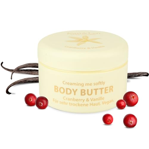 Jean & Len Body Butter Cranberry & Vanille, versorgt die Haut ausreichend mit Feuchtigkeit, zartschmelzende Textur, erheiternd-süßer Duft, vegane Formulierung, ohne Parabene & Silikone, 200 ml