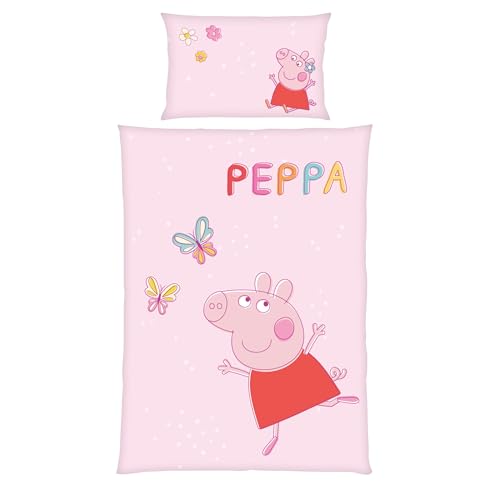 Peppa Wutz Kinder-Bettwäsche-Set | 100x135 cm Deckenbezug + 40x60 cm Kissenbezug | Atmungsaktive Baumwolle | Mit Reißverschluss | Peppa Pig Schmetterling in Rosa | Geschenkidee Mädchen