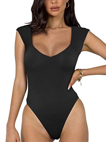 REORIA Damen sexy lässiger doppelt gefütterter ärmelloser Schlankheits Body mit V-Ausschnitt Shapewear Formende Bodys Schwarz M