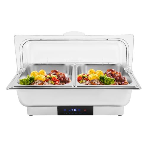 Elektrische Chafing Dish 9L 600W Speisenwärmer Edelstahl Buffetwärmer Wärmebehälter Chafing Dish Buffet Warmer Set mit Display Temperaturregelung Durchsichtigem für Buffet Catering Party (2 Fach)