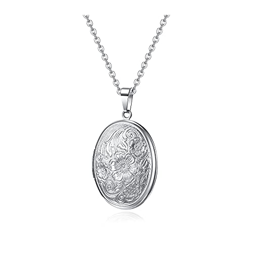 Zysta Vintage Charms Medaillon Kette für Foto Bilder, Silber Rund/Herz Anhänger zum Öffnen mit Blumen Muster Herzanhänger Amulett für Damen Mädchen (Oval Anhänger)