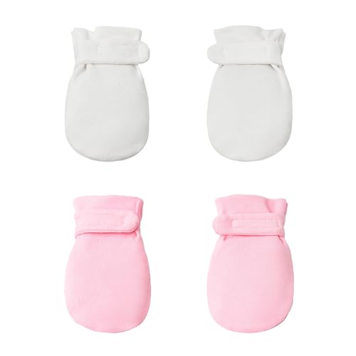 Prapiroon Fäustlinge für Neugeborene, keine Kratzer, bleiben an, 100% Baumwolle, atmungsaktiv, verstellbare Säuglingshandschuhe für Babys, Jungen und Mädchen (Weiß/Rosa, 3-12 Monate)