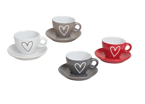 Set mit 4 Espressotassen mit Untertassen | Keramiktassen in 4 verschiedenen Farben mit Herzdekor | Geschenk für Geburtstag, Valentinstag oder Weihnachten - komplettes Set mit 4 x 90 ml