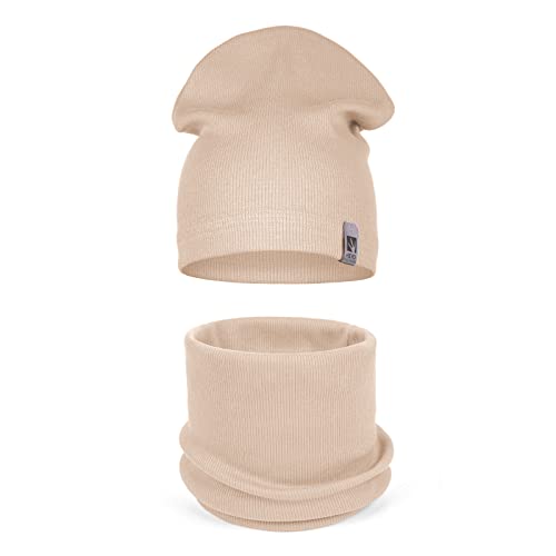 HEYO Kinder Beanie Mütze Schlauchschal Set für Mädchen Jungen Frühling Strickmütze Schal (Beige)