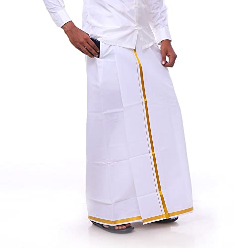 Stylesindia Baumwolle Dhotis für Herren mit goldener Zari-Bordüre,Weißer verstellbarer Dhoti mit Tasche, Weiss/opulenter Garten, Einheitsgröße