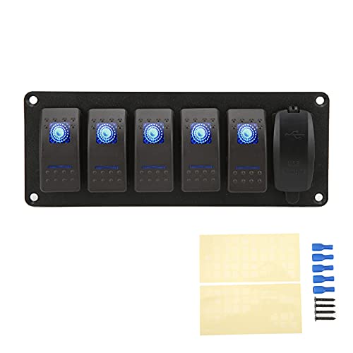 5-Gang-Wippschalter-Panel, Kipp-Armaturenbrett, 12 V-24 V, Marine-EIN/AUS-Drucktasten-Bedienfeld Mit Dual-USB, 5 V, 3,4 A, Blaue Hintergrundbeleuchtung, LED Für Boot, Auto, LKW