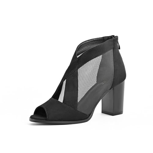 SICARE Peep-Toe, klobige Absätze für Damen, bequeme Blockabsätze, ausgeschnittener Reißverschluss, sexy Netz-Stiefeletten, Stil für Damen, elegante Verabredungen, Business-Partys, Schwarz,36