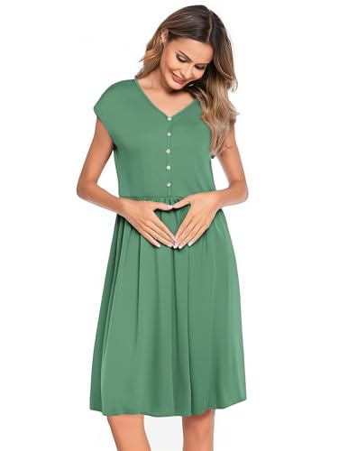 Weardear Stillnachthemd Damen Nachthemd mit Knöpfen Ärmellos Umstandskleid Nachthemden für Schwangere Grün XL