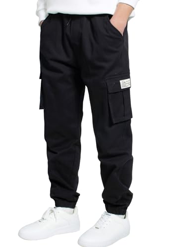 LAUSONS Hosen für Jungen Cargohose Kinder Hose Cargo Jogginghose Freizeithose mit Gummizug Schwarz 170-176 (Herstellergröße 175)