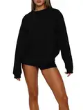 OOHOKAY Damen Sweatshirt Fleece Pullover Casual Tops Herbst Winter Warm Oberteil Rundhals Langarmshirt(Schwarz-z,S)