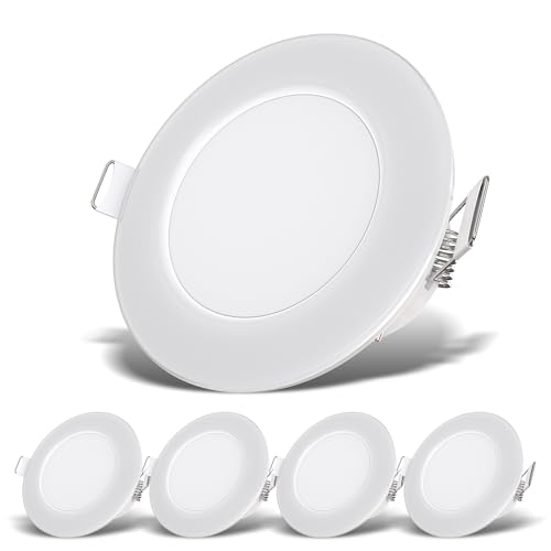 B.K.Licht - 5er Set LED Bad Einbaustrahler 230V flach, IP65, neutralweiße Lichtfarbe, Lochmass 68mm, LED Spot, Deckenspots, Spots, Einbauleuchten, Einbauspots, Badezimmer, 86x30 mm, Weiß