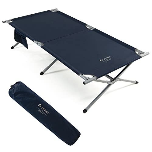 COSTWAY Feldbett Klappbar XXL, 214,5 x 106 cm, Campingbett mit Seitentasche, tragbares Campingliege bis 150 kg belastbar, inkl. Tragetasche, Klappbett für Camping, Strand (Blau)