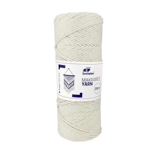 LEVIATAN Natürliches Makramee garn - 200m superweiche Makramee Schnur mit 3mm Einfachdrehung - 100% makramee Baumwolle Baumwollfadenseil für Basteln Natürliche Farbe