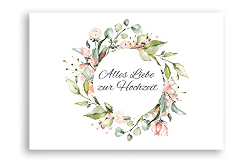 Friendly Fox Hochzeitskarte, 1x Karte zur Hochzeit mit Blumenkranz Motiv, Alles Gute zur Hochzeit, DIN A6 Karte inkl. Umschlag
