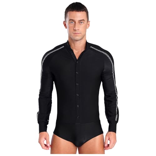 inlzdz Herren Latein Hemd Tanz Oberteil Langarmshirt Trikot Leotard mit Strass Standard Jazz Tanz Kostüm Wettbewerb Ballroom Schwarz M