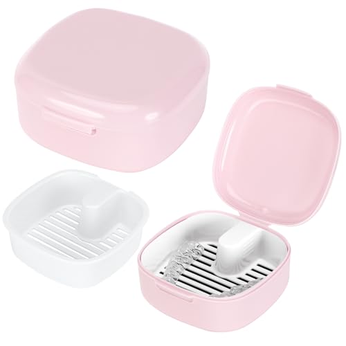 Zikenis Zahnprothesenbox mit Sieb,Zahnspangendose Gebissdose,Tragbare Prothesendose Abdeckung,Zahnprothese Box Retainer,Protesenbehälter Zahnschiene Box fur Halterung,Reinigungsbox (Rosa)