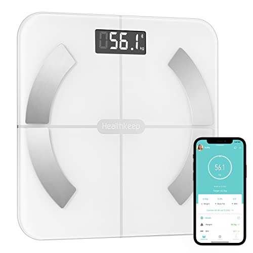 Körperfettwaage, Bluetooth Personenwaage mit App, Smart Digitale Waage für Körperfett, BMI, Gewicht, Muskelmasse, Wasser, Protein, Skelettmuskel, Knochengewicht, BMR, 26 * 26cm