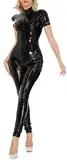 Maeau Damen Jumpsuit Wetlook Glitzer Overall Ganzkörper Kurzarm Katze Trikot Lackleder Ganzkörperanzug Elastisch Latex Catsuit Hosenanzug EU XS (Asie S-M)