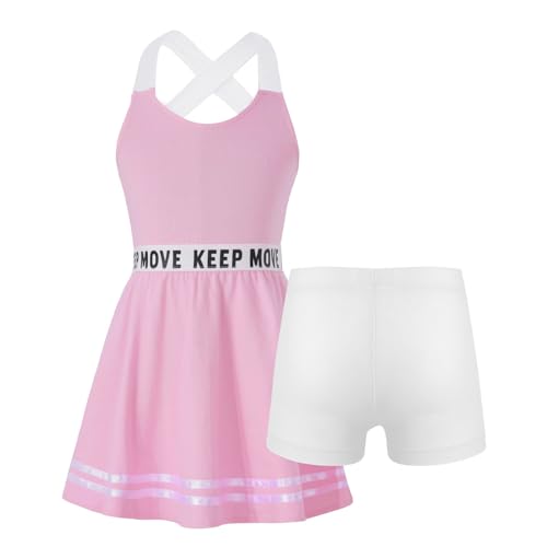 iiniim Mädchen Sport Set Tenniskleid + Shorts Golf Sport Kleider Ärmellos Racerback Sportliche Trainingskleid Fitness Yoga Outfits Rosa 140