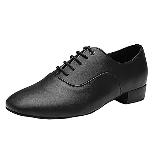 Herren Tanzschuhe Vollsohle Leder Latin Modern Oxford Schuhe Weicher Boden Schnürung Niedriger Absatz,Schwarz,39 EU