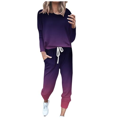Generisch 2025 - Damen-Set mit Farbverlauf, Rundhalsausschnitt, lässigem, Lockerem Langarm-Top Hose Umstands Jogginganzug Damen (Purple, S)