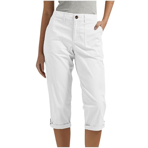 Leichte Sommerhose Damen,Caprihose Damen Sommer Sport Dreiviertel mit Taschen Laufhose Cargohose Atmungsaktiv Outdoor Sporthose Wanderhose Leicht Bequem Stretch Sommerhose Trekkinghose (Weiß,XXL)