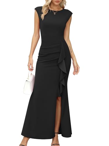Missufe Rüsche Schlitz Meerjungfrau Bodycon Kleid Damen Maxi Abendkleider Flügelärmel Cocktail Ballkleid Hochzeit Festlich Kleid (Schwarz, groß)