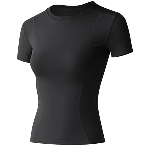 Wesoke Damen Trainingsoberteile Damen Kurzarmhemden, Damen Laufen sportliche T-Shirts Nahtlos atmungsaktiv, weiche Damen Sport Gym Laufen Yoga Kompressions-T-Shirts Slim Fit, Schwarz