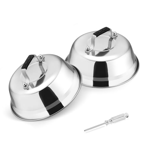 TEAMFAR Burgerglocke, 2 Stück Edelstahl Burger Glocke Set, Burgerhauben mit Hitzebeständig Silikongriff, Schmelzglocke Abdeckhaube für Teppanyaki und Grill & Küche Kochen, Innen & Außen, 16,7x5,8cm