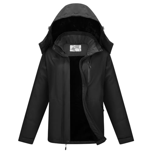 OutPro Skijacke Damen mit Wasserdichte Regenjacke Winddicht Warm Winterjacke Hooded Abnehmbarer, mit Reißverschlusstaschen Snowboardjacke Geeignet für Outdoor-Aktivitäten, Skifahren Schwarz M