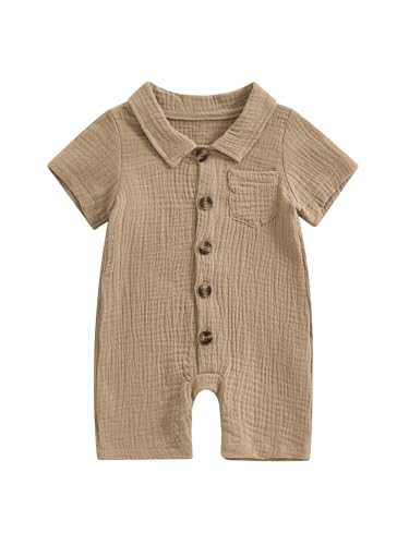LYSINK Strampler für Babys, Jungen, Baumwolle, Leinen, einfarbig, kurzärmelig, Revers, Knopfleiste, lässig, einteiliger Body, A-a-Khaki, 0-3 Months