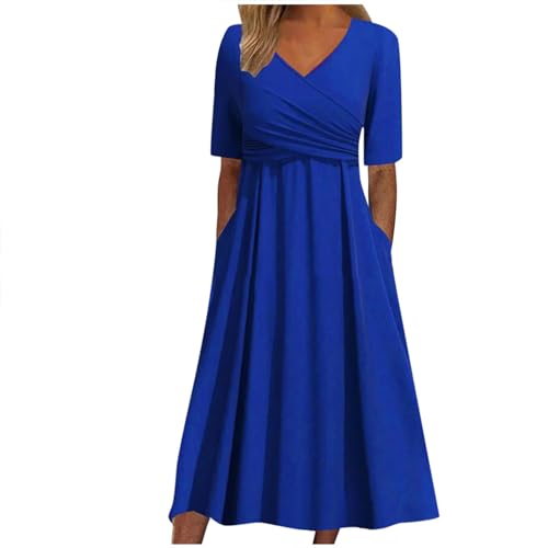 Damenkleid mitV-Ausschnitt Kurzen Ärmeln Lässiges Kurzärmliges Plissiertes Lockeres Vintage-Kleid Damen Casual V-Ausschnitt Kurze Ärmel Plissee Lose Vintage Kleid Strand Langes Kleider (Blue, XXL)