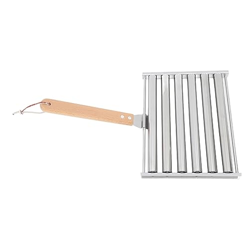 Mumusuki Hot-Dog-Roller aus Edelstahl, 5 Hot-Dog-Kapazität, Grill-Wurstroller mit Hochglanzpolierter Oberfläche, Länglicher Holzgriff für Partys und Grillen Im Freien (100 x 30 x 30 cm)