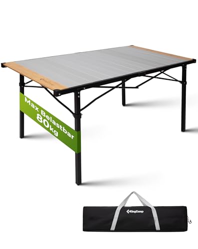 KingCamp Campingtisch klappbar Klapptisch mit Aluminiumrahmen Aufrollbare Tischplatte(136x70 cm) für 4-6 Personen Campingtisch faltbar mit Tragetasche belastbar bis 80 kg,Silber,XL