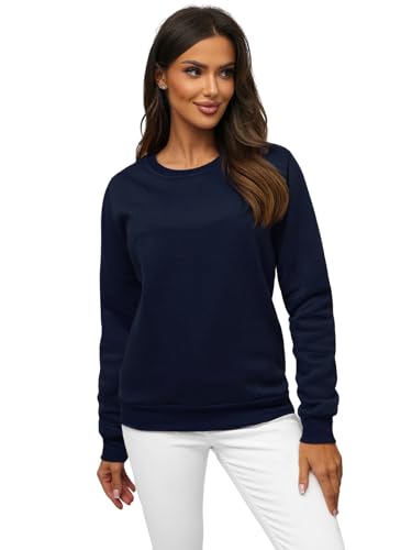 OZONEE Damen Sweatshirt Pullover Langarm Farbvarianten Langarmshirt Pulli ohne Kapuze Baumwolle Baumwollmischung Classic Basic Rundhals-Ausschnitt Sport 777/3001B DUNKELBLAU XL