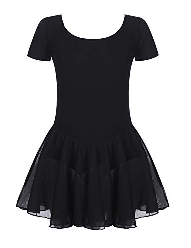 Untlet Ballettkleid Mädchen Kinder Kurarm Ballettanzug Ballett Trikot Kurzarm Body mit Chiffon Wickelrock Kinder Ballettkleidung Tanzkleid Tanzbody,Schwarz,130