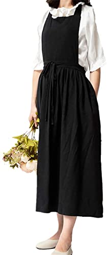 Achsoo Baumwolle Leinen Schürzen Einfarbig Japanischer Stil Kreuz Zurück Schürze mit Tasche Retro Literatur Kunst Blumenladen Kleidung für Damen Herren Küche Kochschürzen (Schwarz-B)