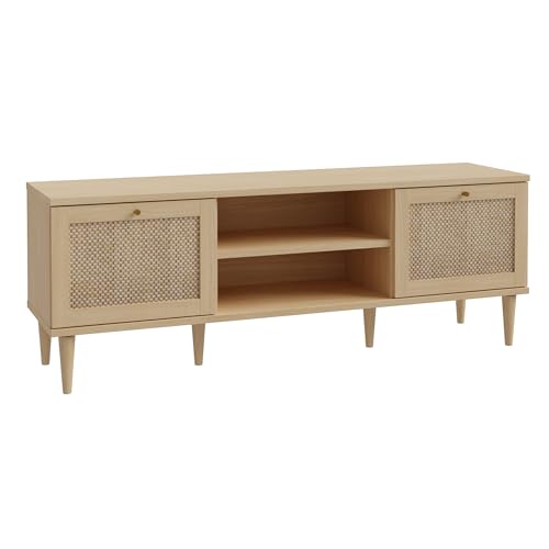 FORTE CALASETTA TV-Schrank 160, Bett im Boho-Stil mit Wiener Geflecht, TV-Tisch, Holzwerkstoff, Elegancia Eiche Holzdekor/Technorattan, 160 cm breit x 58 cm hoch x 41 cm tief
