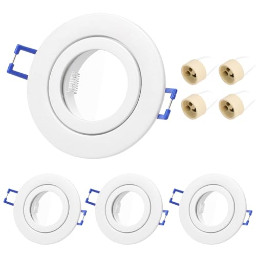 KYOTECH 4er Einbaustrahler GU10 Set Rahmen 230V Wasserdicht IP44 Weiß Led Einbaurahmen Spot Rund Einbauleuchte Einbauspots 68mm Lochdurchmesser inkl. GU10 Fassung LED oder Halogen Leuchtmittel