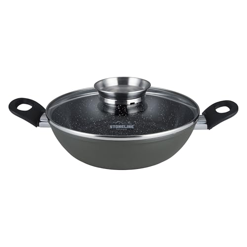 STONELINE Ceramic Servierpfanne 28 cm Hoher Rand Keramikpfanne Induktion Antihaft Pfanne mit Deckel, Keramikbeschichtung mit echten Steinpartikeln, PFAS frei, Für alle Herdarten, Backofengeeignet