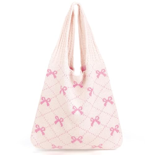 Lilbitty 1 Stück Beige Häkeltasche mit Rosa Schleifen,Große Aesthetic Strandtasche für Damen,Leichte Strick-Tote Tasche,Perfekt für Alltag,Shopping und Urlaub