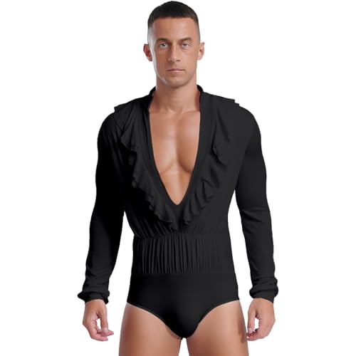 dPois Herren Tanz Oberteil Latein Tango Rumba Hemd Body Langarm Tanz Shirt Leotard mit Tiefer V-Ausschnitt Rüschen Männer Standard Tanzkleidung Schwarz S