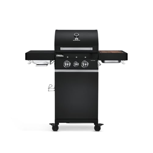 BURNHARD 2-Brenner Gasgrill FRED Jr. Deluxe BLACK Series 3 inkl. 900°C Infrarot-Keramikbrenner, Gusseisen-Grillrost, Grillabdeckung, Grillwagen + klappbare Seitentische