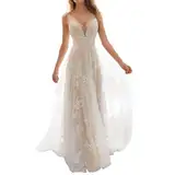 Generisch Brautkleider Damen Boho Braut Brautkleid - Chiffon Kleider Schlicht Lang Hochzeitskleider Vintage Prinzessin Weiss Dresses Mesh ärmellos V-Ausschnitt Spitzenkleid Slim (White, L)