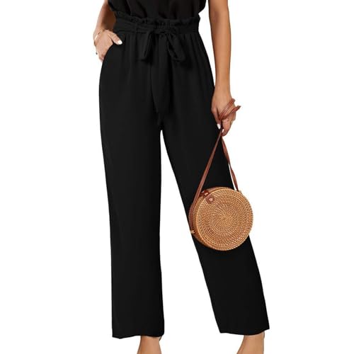 leinenhose damen schwarz, Musselin Hose Damen Lang Leicht Sommerhose Palazzo Hose Hohe Taille Baggy Marlenehose Stoffhose Weites Bein Einfarbig Freizeithose Elegant Bequeme Weite Hosen mit Taschen