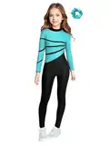 iEFiEL Mädchen Langarm Gamnastikanzug mit Haarband Zweifrabig Glitzer Turnanzug Kinder Tanzanzug lang Tanz Overall Leotards Blau Grün mit Haarband 146-152