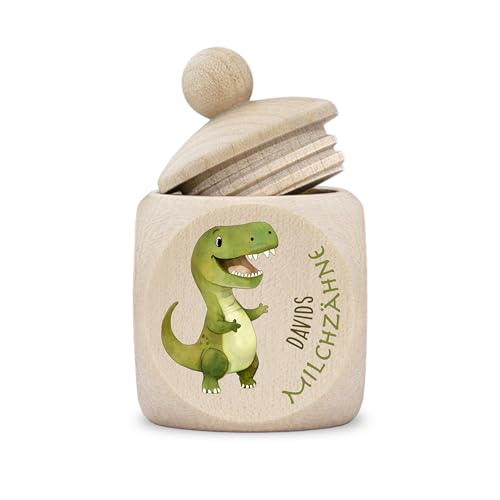 kultdog Zahndose Milchzähne Mädchen Junge modern Dose Holz personalisiert Druck Name Dino Dinosaurier