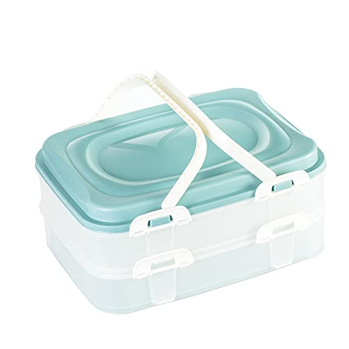 Party Container Kuchenbehälter Kuchen Transportbox Cupcake Muffin Transportbox Lebensmittel XL mit 2 Etagen und klappbaren Griffen, Farbe: Türkis