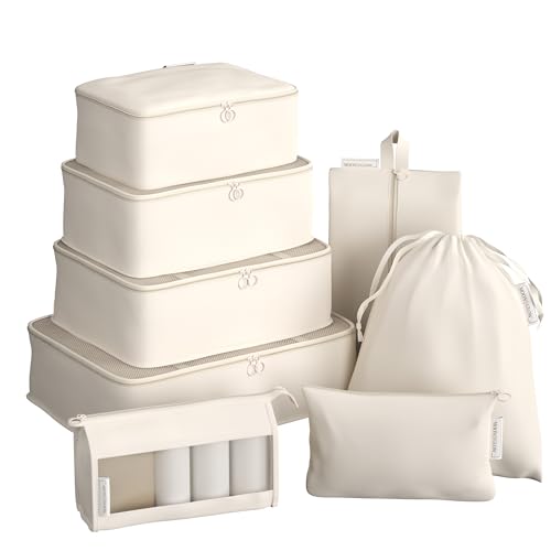 MoonGlow Koffer Organizer Set 8 Teilig - Kofferorganizer Packing Cubes Reise Zubehör - Kleidertaschen Verpackungswürfel Gepäck Aufbewahrung Taschen für Urlaub Kleidung Schuhe
